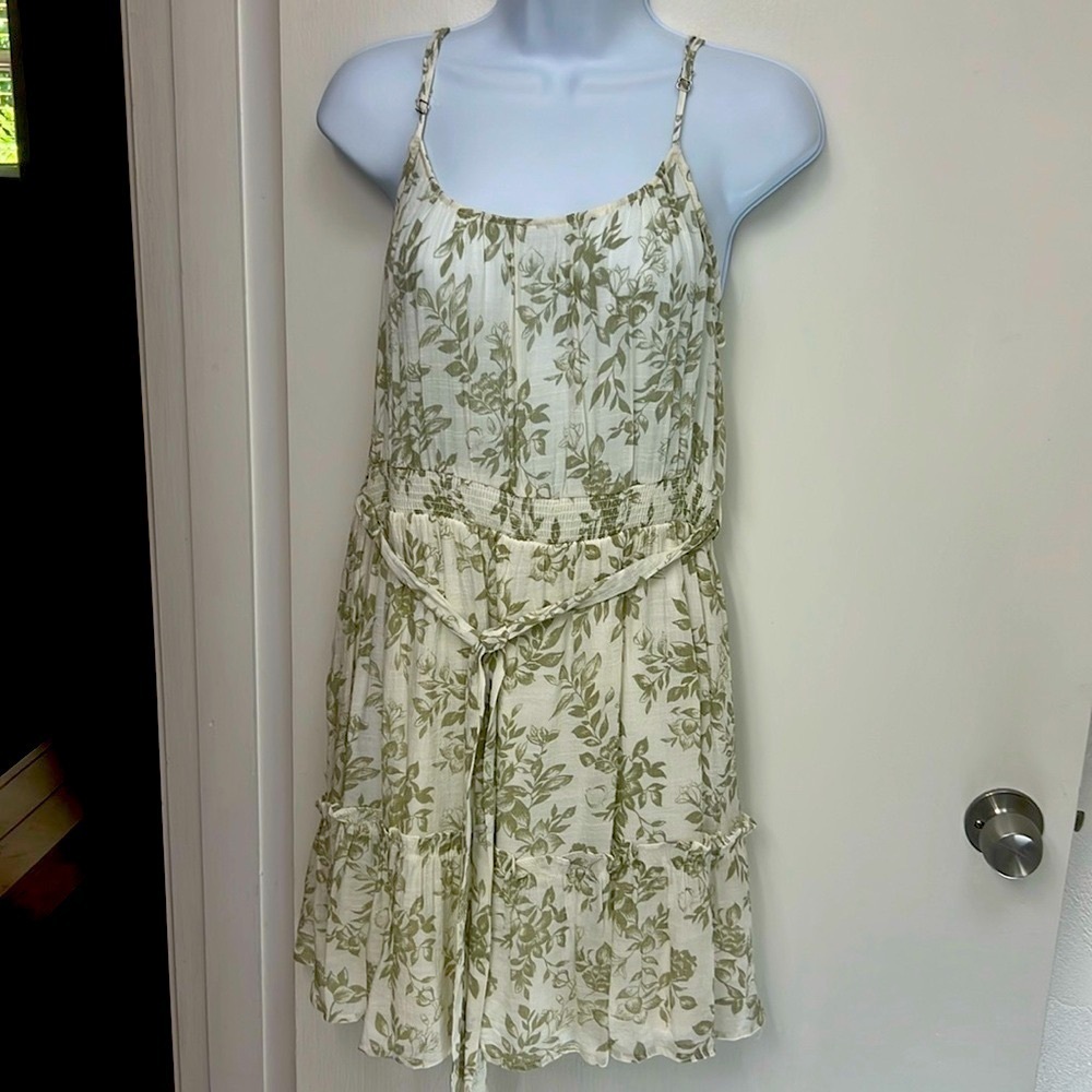 Mine Dress, white with green floral design spaghetti straps, elastic waist